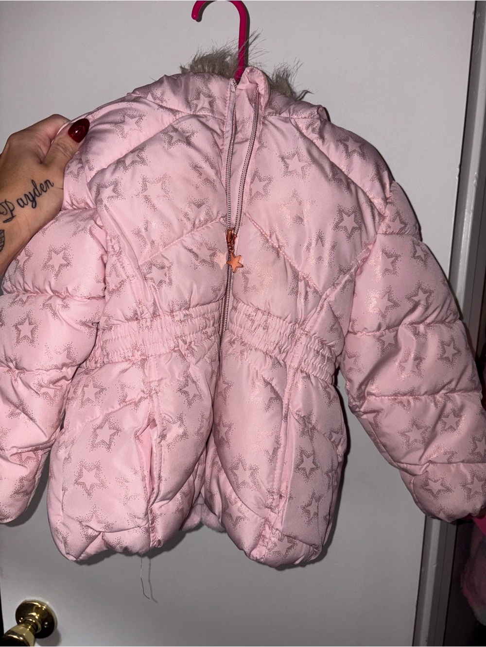 Rothschild Light Pink Star Quilted Puffer Jacket with Hood
